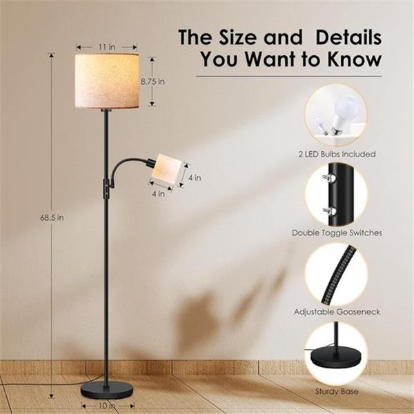 LED Floor Lamps for Living Room, 15W Dimmable Floor Lamp with 4W Adjustable Reading Light, 3000