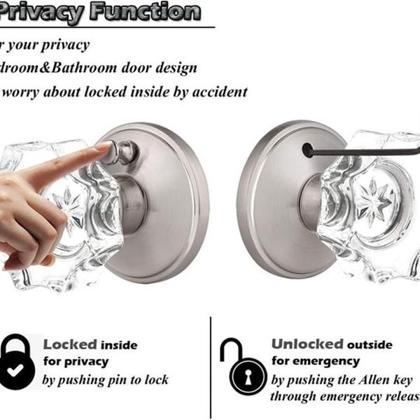 GOBEKOR 1 Pack Crystal Door Knob with Lock, Glass Privacy Lockset for Bed and Bath,with Satin N