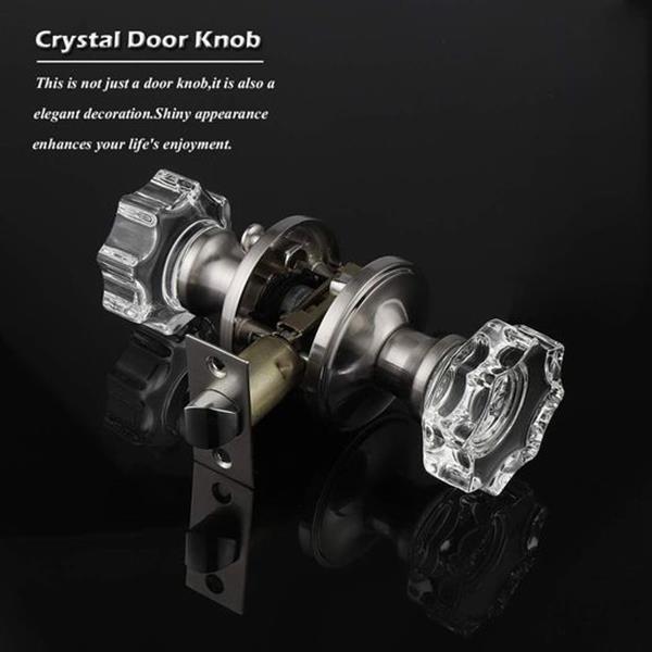 GOBEKOR 1 Pack Crystal Door Knob with Lock, Glass Privacy Lockset for Bed and Bath,with Satin N