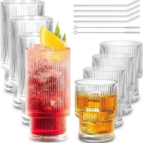 Combler Ribbed Glasses Drinking Set of 8, 4pcs 11oz Glass Cups with Straws & 4pcs 6oz Cute Cock