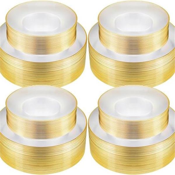 Zhehao 120 Pcs Clear Gold Plastic Plates Gold Disposable Plates with Gold Trim Include 60 Party