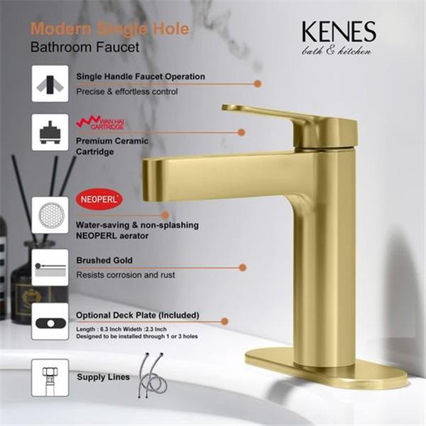 KENES Brushed Gold Single Hole Bathroom Faucet Modern Single Handle Bathroom Sink Faucet with D