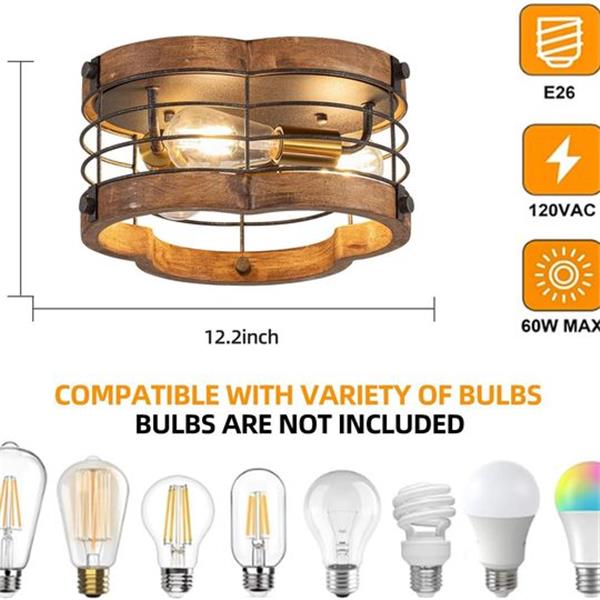 wochos Farmhouse Flush Mount Ceiling Light, 12.2 Inch 2-Light Metal and Wood Close to Ceiling L