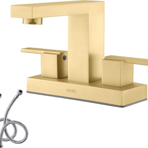 KENES Brushed Gold 4 Inch Centerset Bathroom Faucet Gold Two-Handle Bathroom Sink Faucet Modern