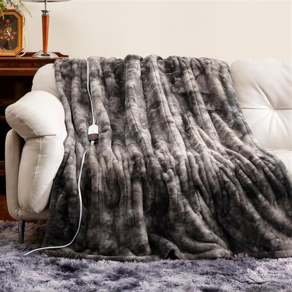 Electric Heated Throw Faux Rabbit Fur Blanket with 6 Heating Levels & 4 Hours Auto Off, Fast He