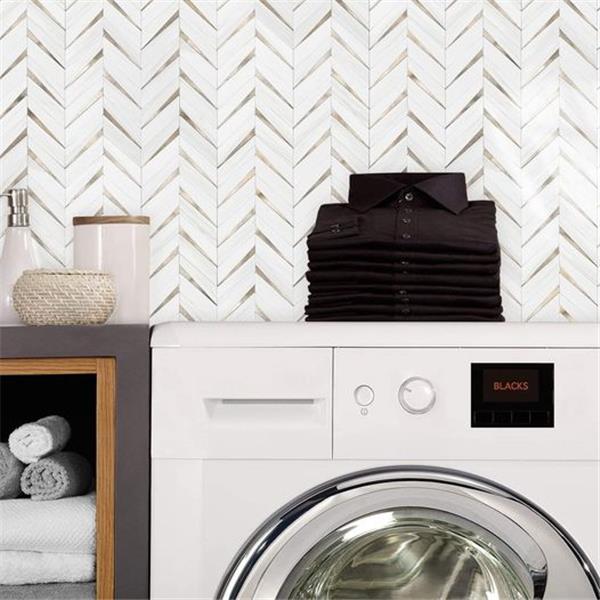 STICKGOO 10-Sheet Herringbone Tile Peel and Stick Backsplash, Dolomite White Mixed Light Gold P