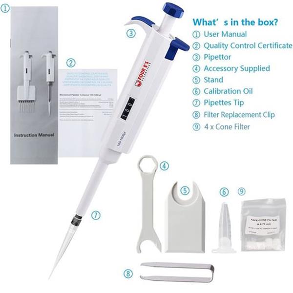 FOUR E'S SCIENTIFIC 100uL-1000uL High-Accurate Single-Channel Manual Adjustable Variable Volume