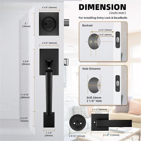 Azdele Front Door Handle Set with Single Cylinder Deadbolt and Lever Handle, Square Adjustable