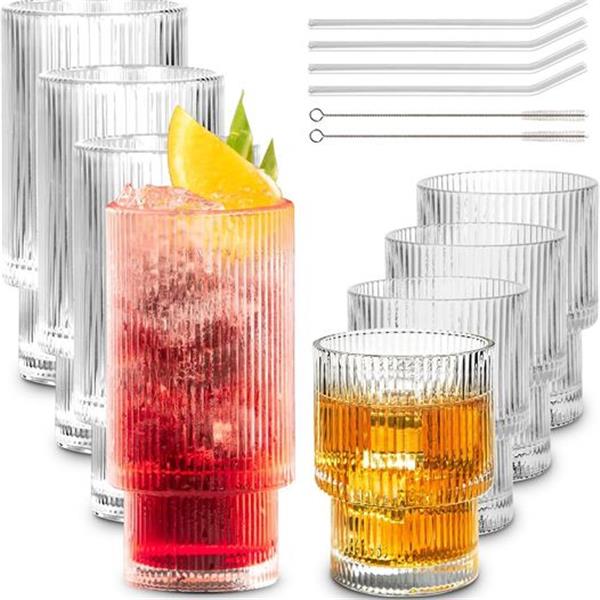 Combler Ribbed Glasses Drinking Set of 8, 4pcs 11oz Glass Cups with Straws & 4pcs 6oz Cute Cock