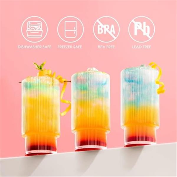 Combler Ribbed Glasses Drinking Set of 8, 4pcs 11oz Glass Cups with Straws & 4pcs 6oz Cute Cock