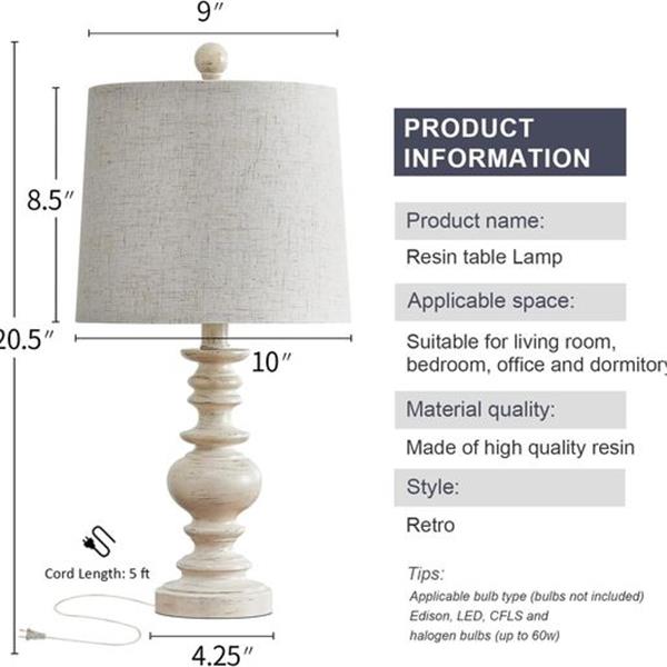 BOBOMOMO Resin 20.5" Farmhouse Lamps for Bedrooms Retro Side Table Lamps Bedside Lamp for Side