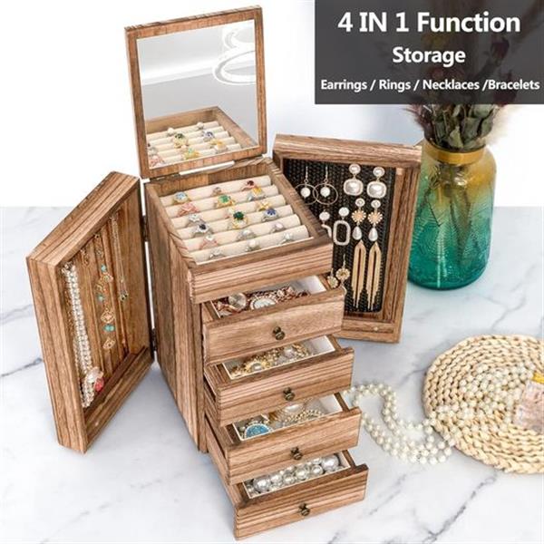 Meangood Jewelry Box Wood for Wowen, 5-Layer Large Organizer Box with Mirror & 4 Drawers for Ri