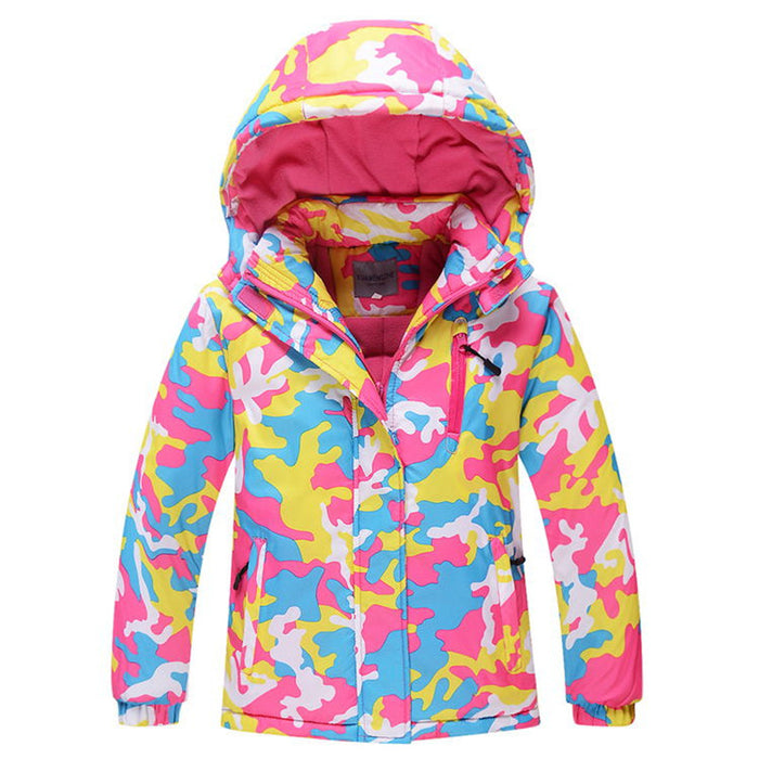 Boys/Girls Ski Suit Waterproof Pants+Jacket Set Winter Sports Thickened Clothes Color:Rose red camouflage Size:6A (height 120cm)