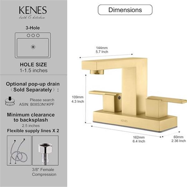 KENES Brushed Gold 4 Inch Centerset Bathroom Faucet Gold Two-Handle Bathroom Sink Faucet Modern