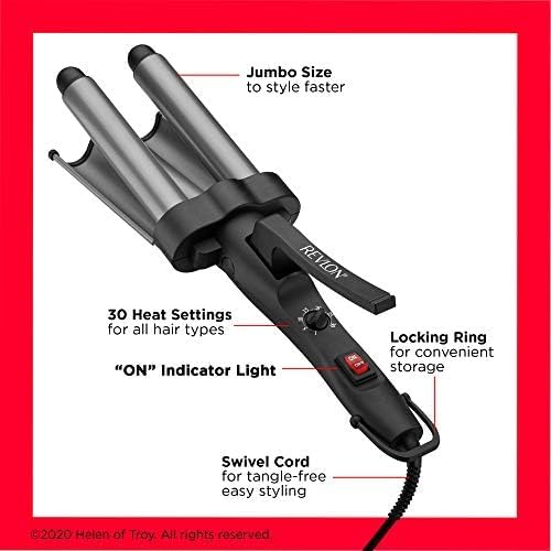 Revlon RV084F Hair Waver 3 Barrel, Tourmaline Ceramic Coating, 30 Heat settings, All Hair Types, Jumbo Size, Shiny Waves, Grey