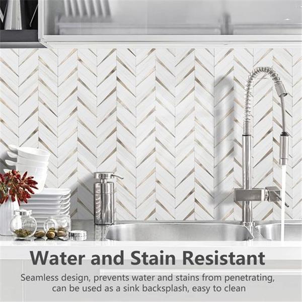 STICKGOO 10-Sheet Herringbone Tile Peel and Stick Backsplash, Dolomite White Mixed Light Gold P