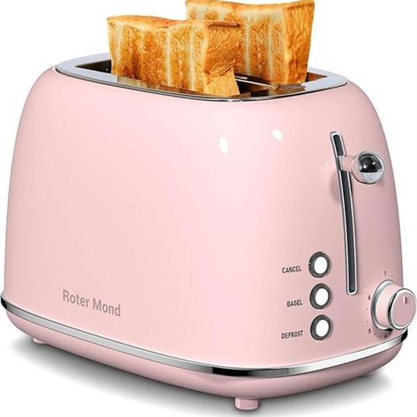 Roter Mond 2 Slice Toaster Retro Stainless Steel Toaster with Bagel, Cancel, Defrost Function