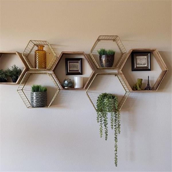 kimisty Set 4 Gray Hexagon Wall Shelves, Floating Mesh Wire Wall Mounted Shelf, Geometric Mesh