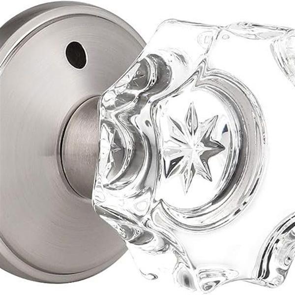 GOBEKOR 1 Pack Crystal Door Knob with Lock, Glass Privacy Lockset for Bed and Bath,with Satin N