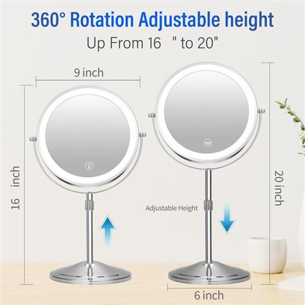 9’’ 【Plus Size】 Rechargeable Lighted Makeup Mirror 1X/10X Double Sided Adjustable Vanity Mirror