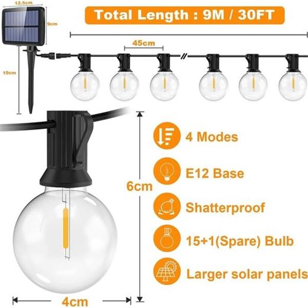 JESLED Solar String Lights Outdoor, 30ft G40 Globe Patio Lights with 15+1 Waterproof Shatterpro