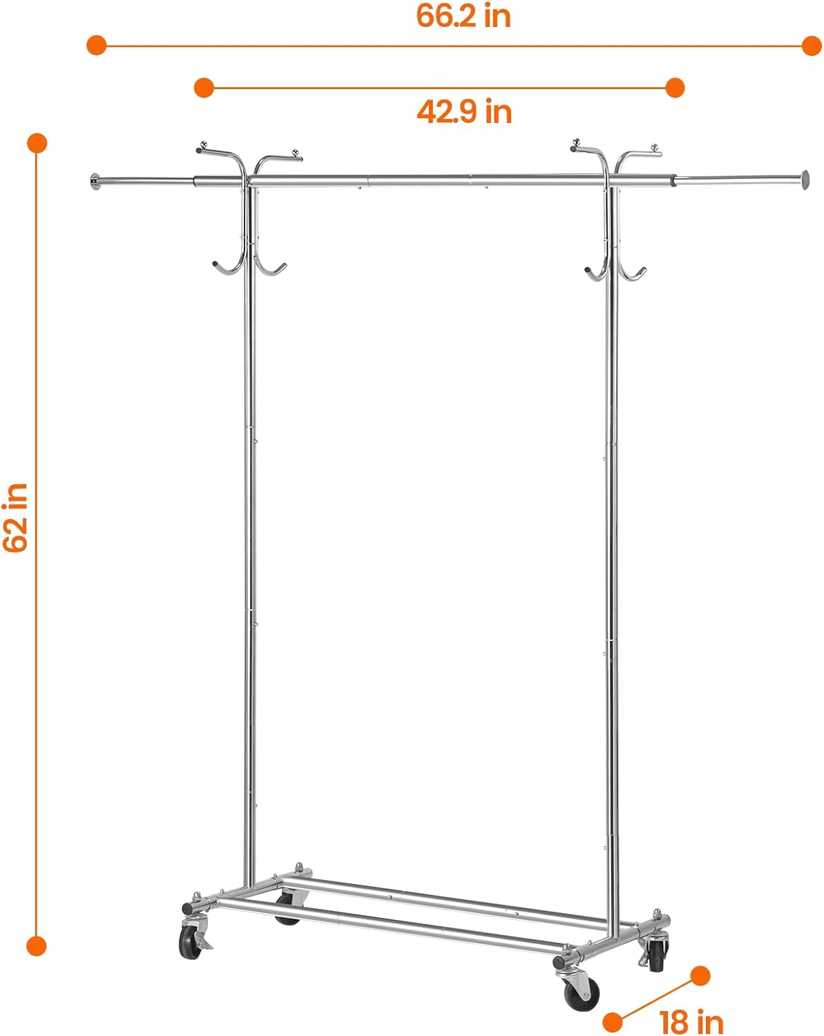 HOUSE AGAIN Adjustable 2-in-1 Heavy Duty Garment Rack & Coat Rack, 66" L, Rolling Clothes Rack with Lockable Wheels, Sturdy Clothing Rack for Hanging Clothes, Commercial Grade, Freestanding, Chrome