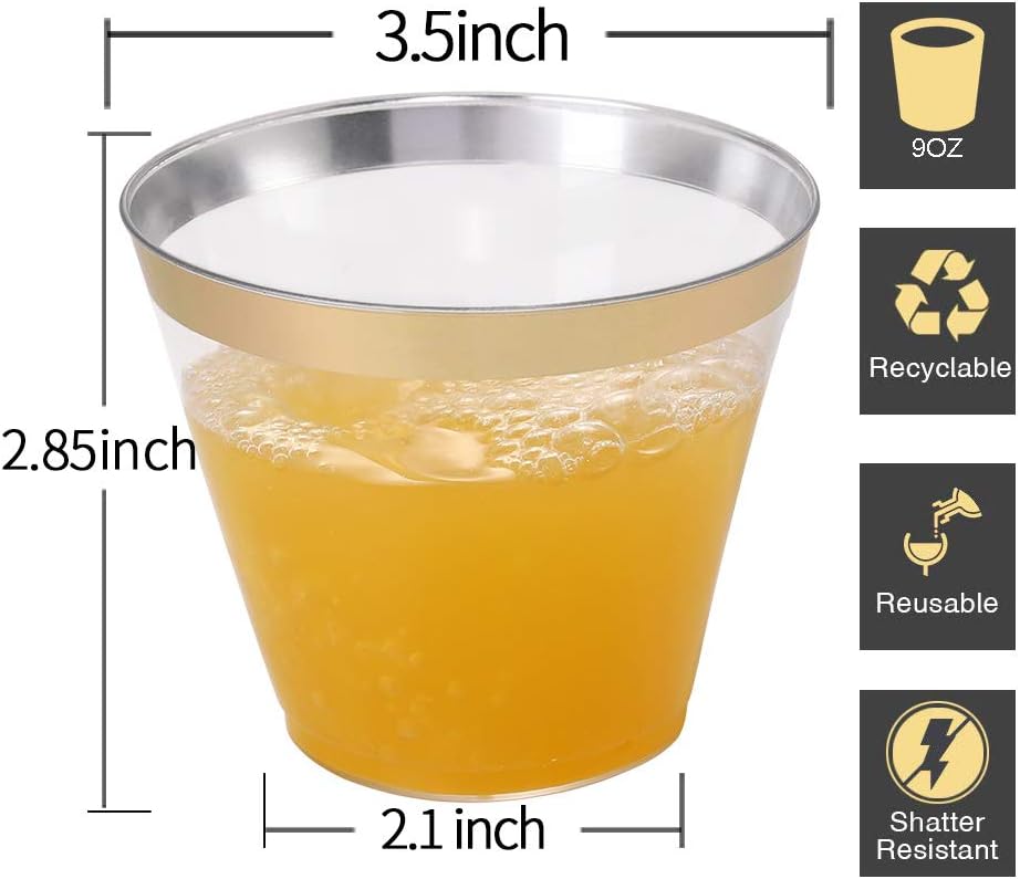 I00000 200 Pack Gold Plastic Cups, 9 Oz Elegant Clear Plastic Cups Gold Rimmed Disposable Wine Glasses Fancy Disposable Party Cups Wedding Cups Drinking Tumblers Plastic Cocktail Glasses with Gold Rim