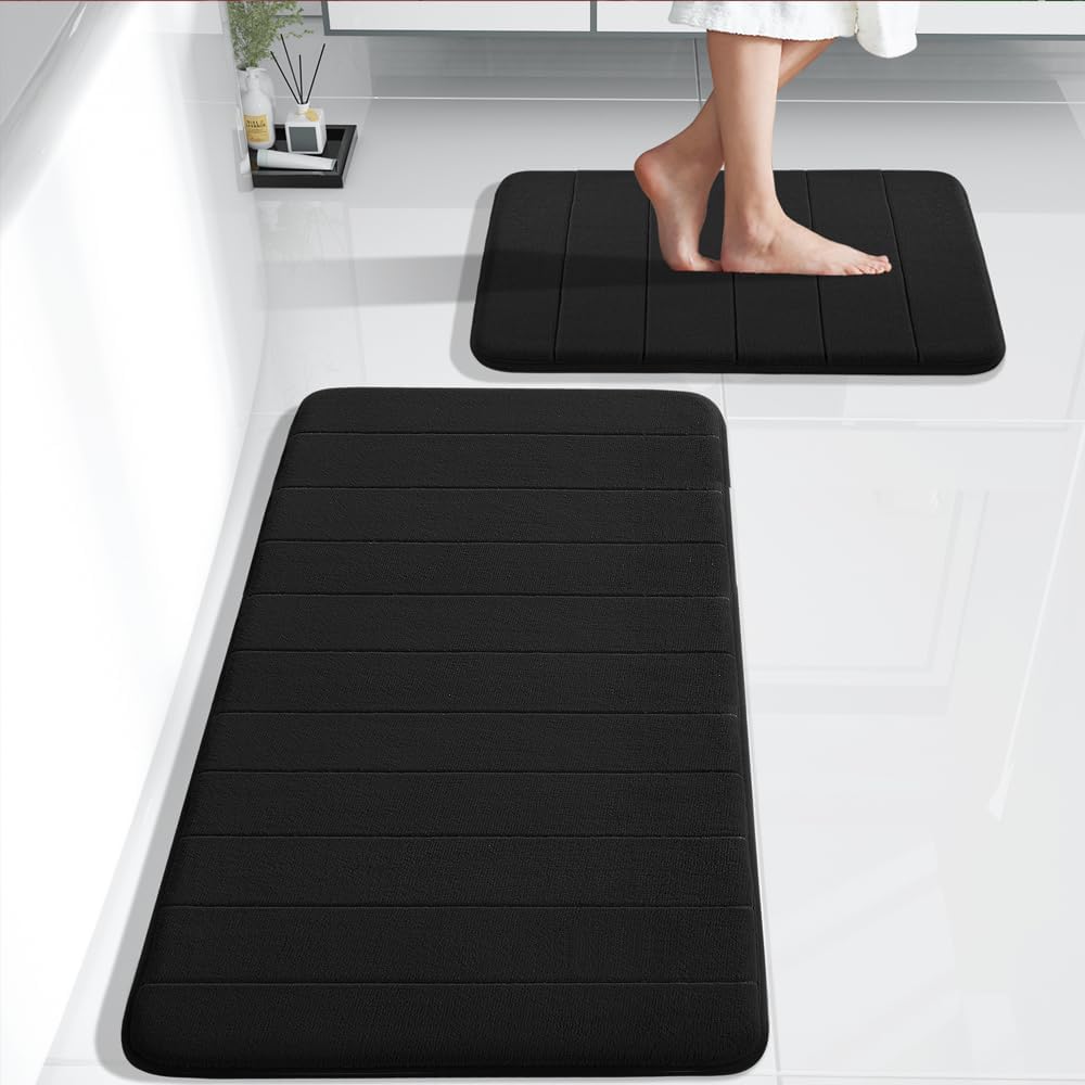 Yimobra Large Memory Foam Bath Mat 2 Pieces Set, Non Slip - Super Water Absorption Soft Bathroom Mat Rug, Thick, Dry Fast, Machine Washable for Bathroom Floor Rugs, 44.1 x 24 + 24 x 17 Inch, Black