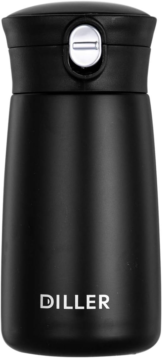 Diller Thermal Water Bottle, Coffee Travel Mug 16 or 8 oz Kids Mini Water Bottle Tumbler with Spout Lid, Leak Proof Flask for Kids and Women Keep 12H Piping Hot & 24H Cold (Black, 8 oz)