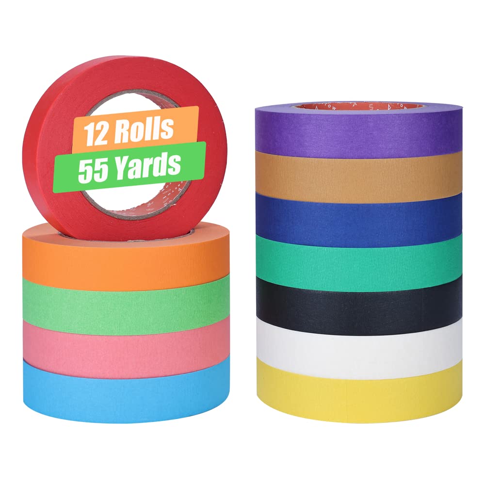 SEBETOW Colored Masking Tape Bulk 1,980 Feet x 1 Inch of 12 Colors - Colored Tape Rolls Multi Rainbow Color Craft Tape - Painters Tape for Kids, Art, Colorful Supplies, Labeling, Painting