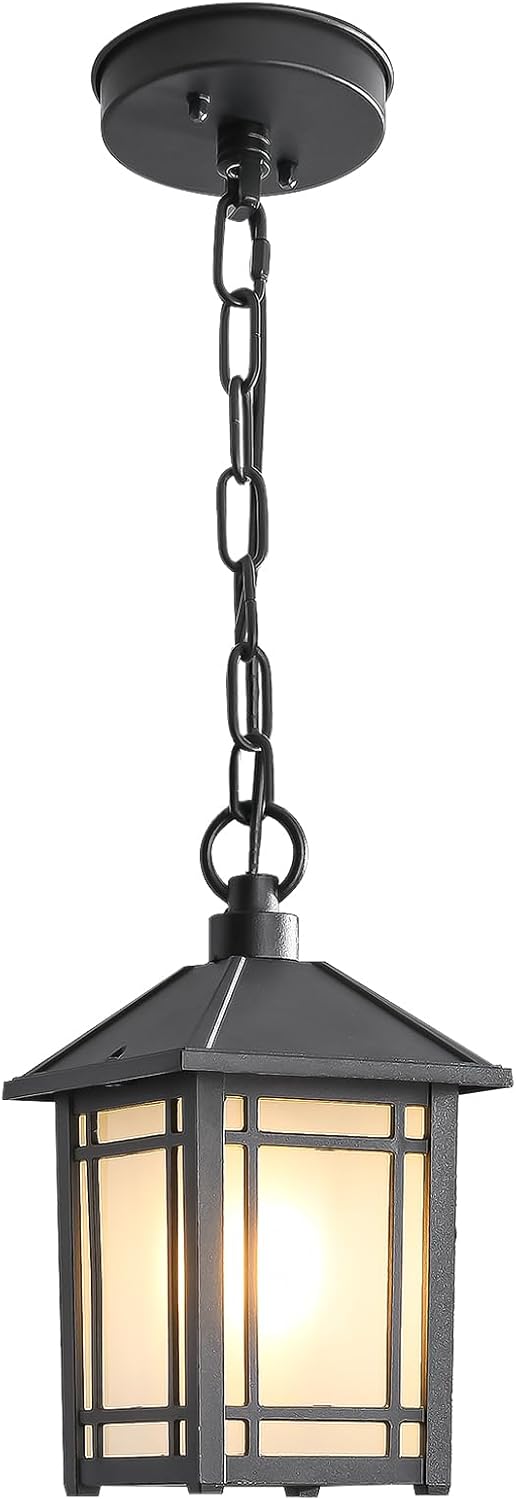 Lzwelcy Outdoor Pendant Lights with Frosted Glass Rust Resistant Aluminum Hanging Porch Lights,Outdoor Black Exterior Pendant Lights,Pendant Lights for Porch,Gazebo,and Farmhouse Exterior