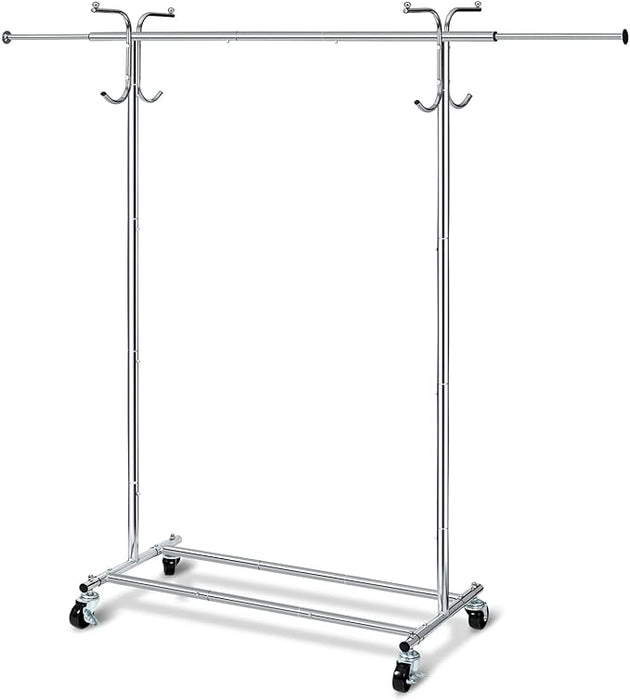 HOUSE AGAIN Adjustable 2-in-1 Heavy Duty Garment Rack & Coat Rack, 66" L, Rolling Clothes Rack with Lockable Wheels, Sturdy Clothing Rack for Hanging Clothes, Commercial Grade, Freestanding, Chrome