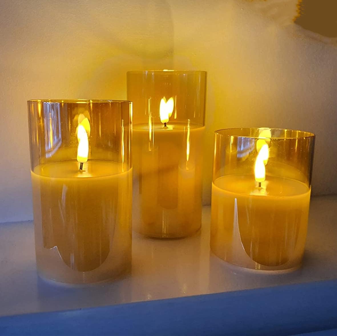 Eywamage Glass Flameless Candles with Remote Flickering Real Wax Wick LED Pillar Candles Battery Operated 3 Pack D 3 inch H 4 inch 5 inch 6 inch Gold