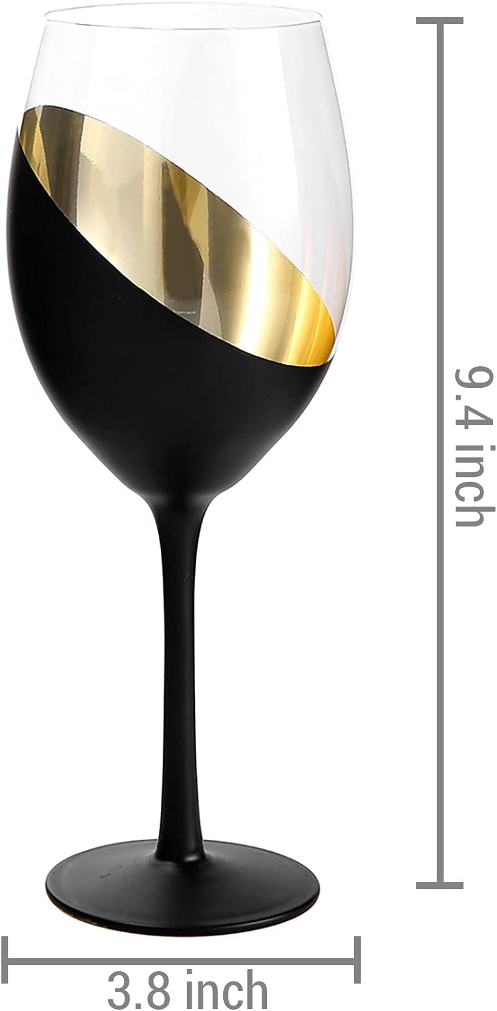 MyGift 14 oz Modern Matte Black & Gold Stemmed Titled Design Elegant Wine Glasses, Set of 6