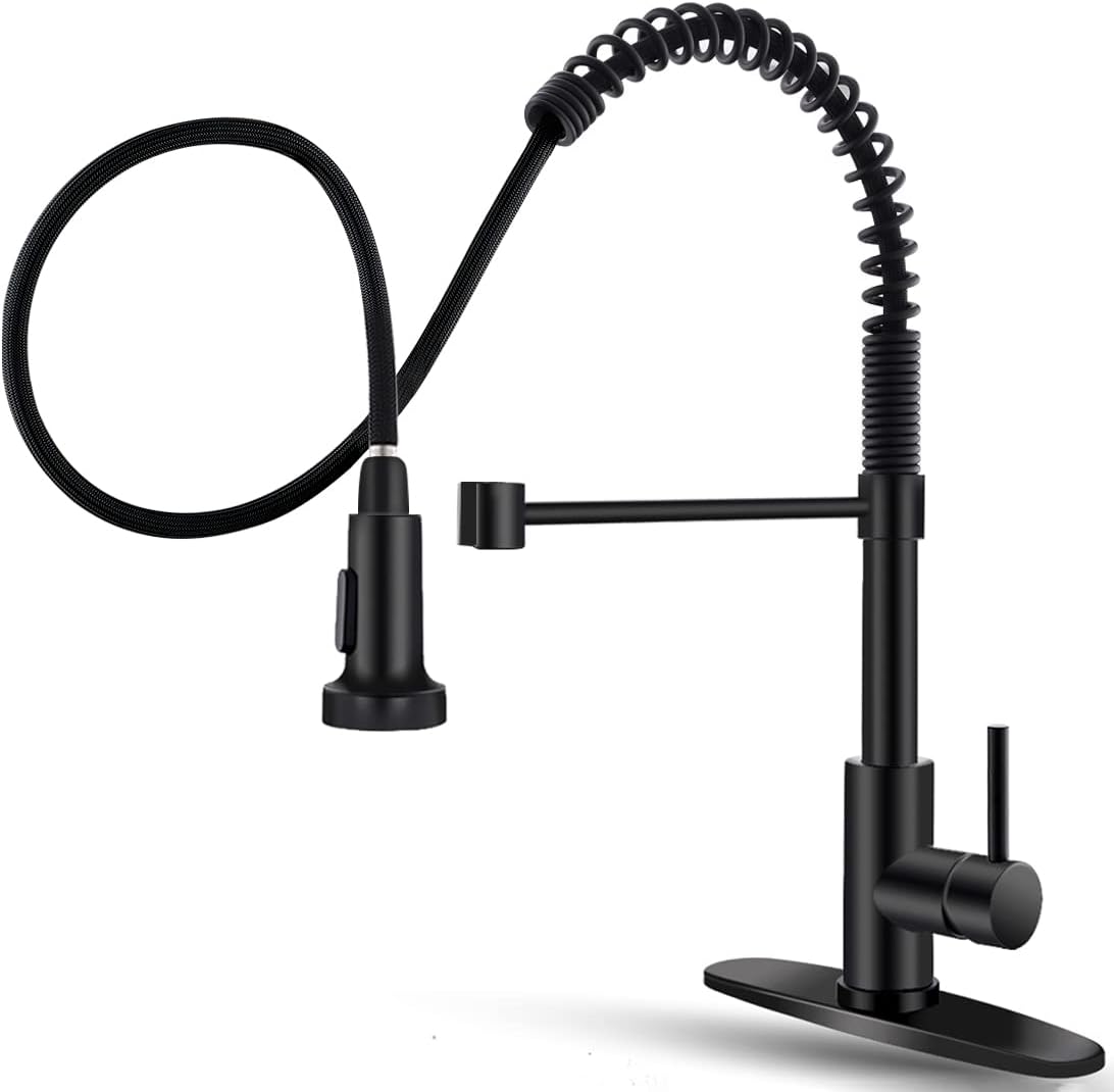 OWOFAN Black Kitchen Faucet with Pull Down Sprayer Stainless Steel Single Handle Pull Out Spring Sink Faucets 1 Hole Or 3 Hole Dual Function for Farmhouse Camper Laundry Utility Rv Wet Bar