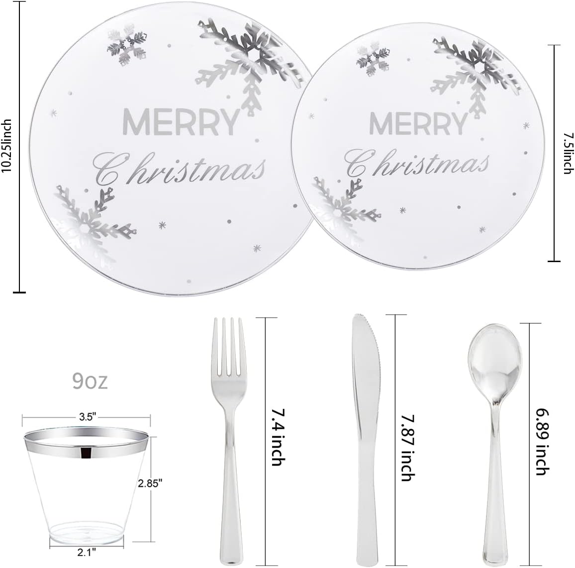 KIRE 25 Guests Silver Plastic Plates with Snowflake pattern & Silver Disposable Plastic Silverware &Clear Silver Cups - Christmas Plastic Plates for Christmas Parties, Picnics, Holiday, Christmas Day