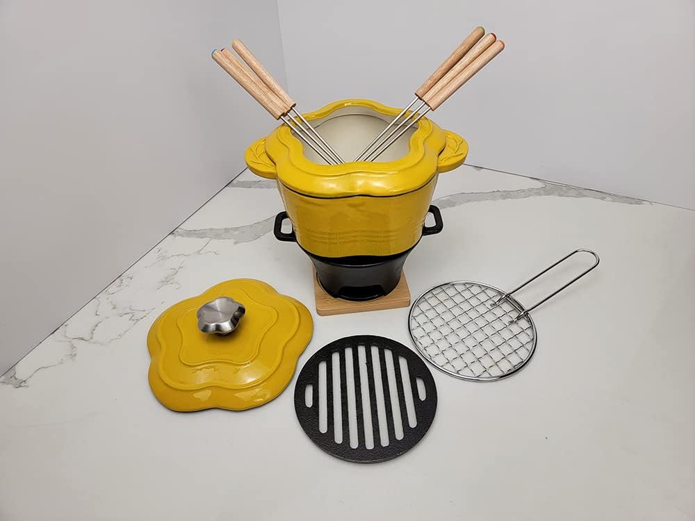 HAWOK Enameled Cast Iron Flower Shaped Cheese Fondue Set Yellow