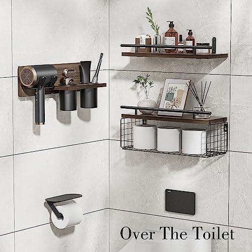 Bathroom Floating Shelves Wall Mounted with Hair Dryer Holder