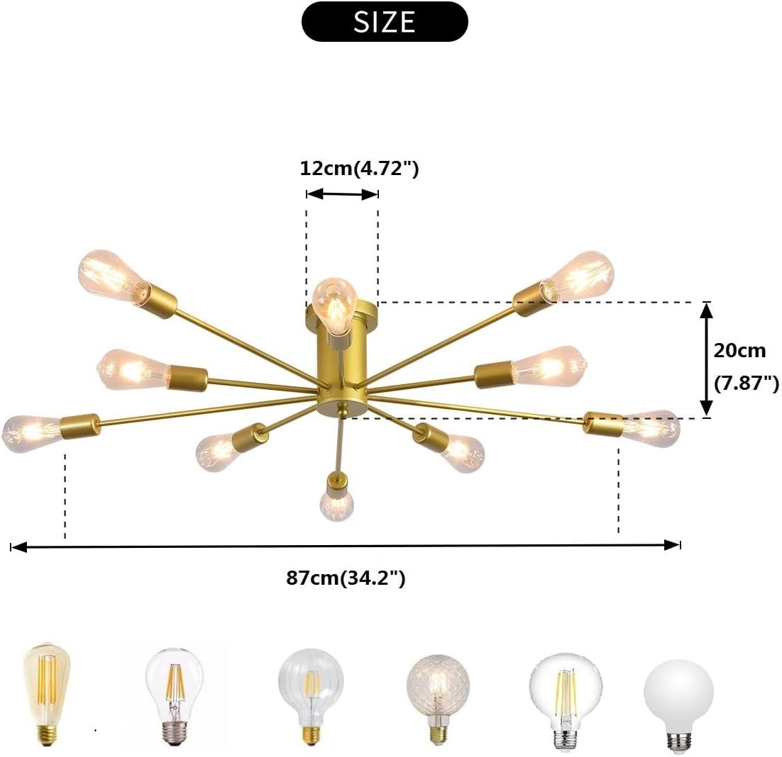 Garwarm 10 Lights Modern Sputnik Ceiling Chandelier Gold Industrial Ceiling Lamp Mid Century Semi Flush Mount Ceiling Light Fixture for Kitchen Dining Room Living Room Bedroom Foyer Lighting