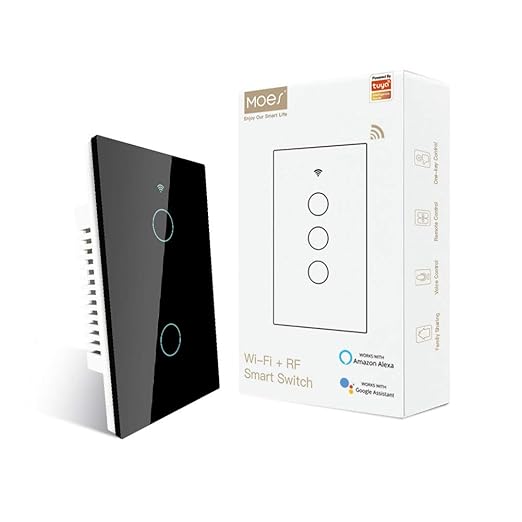 MOES 2nd Generation WiFi RF433 Touch Wall Single Wire Smart Switch，No Neutral Wire Needed Compatible with Smart Life/Tuya App, Compatible with Alexa and Google Home Single Pole 110V Black 2 Gang