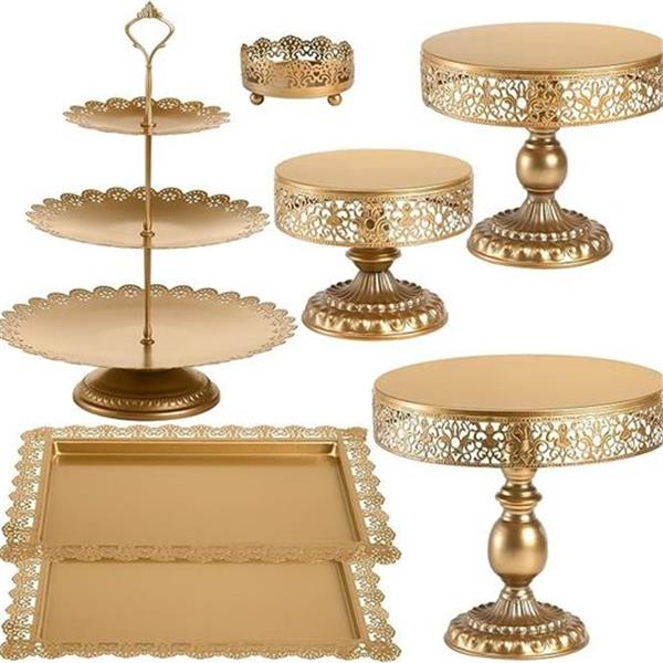 Lyellfe Set of 7 Gold Cake Stand, Metal Cake Stand Set for Dessert Table, Decorative Dessert Di