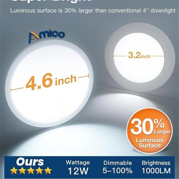 Amico 12 Pack 5 Inch 5CCT Slim LED Semi-recessed Ceiling Light with Junction Box, Fit 3.5~4.5 I