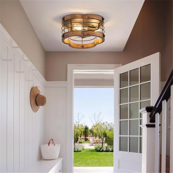 wochos Farmhouse Flush Mount Ceiling Light, 12.2 Inch 2-Light Metal and Wood Close to Ceiling L