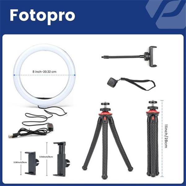 Fotopro 8'' Ring Light Tripod Stand, Selfie Ring Light with Phone Mount Holder and Remote Led D