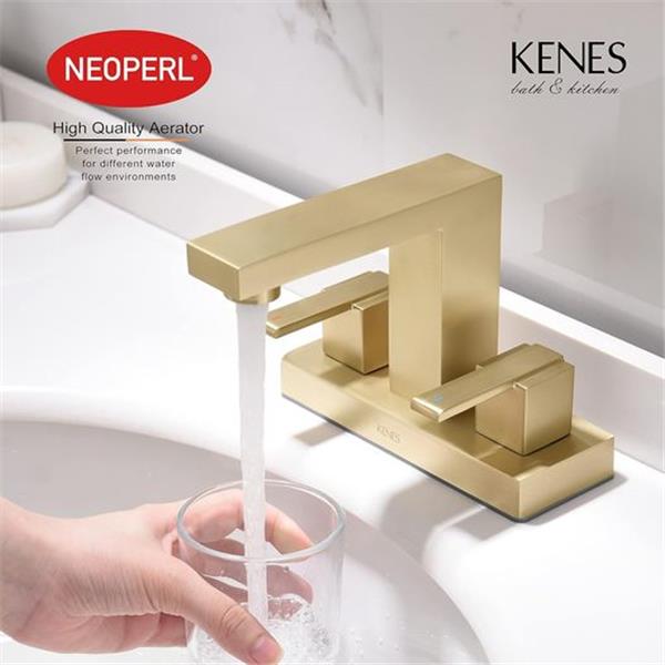 KENES Brushed Gold 4 Inch Centerset Bathroom Faucet Gold Two-Handle Bathroom Sink Faucet Modern