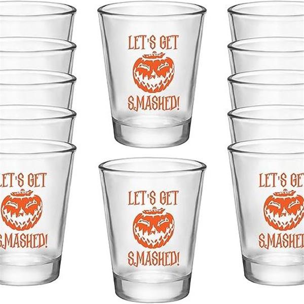 Let's Get Smashed Halloween Shot Glasses - Set of 12 Glass Decor Cups, Double Sided Print - Cle