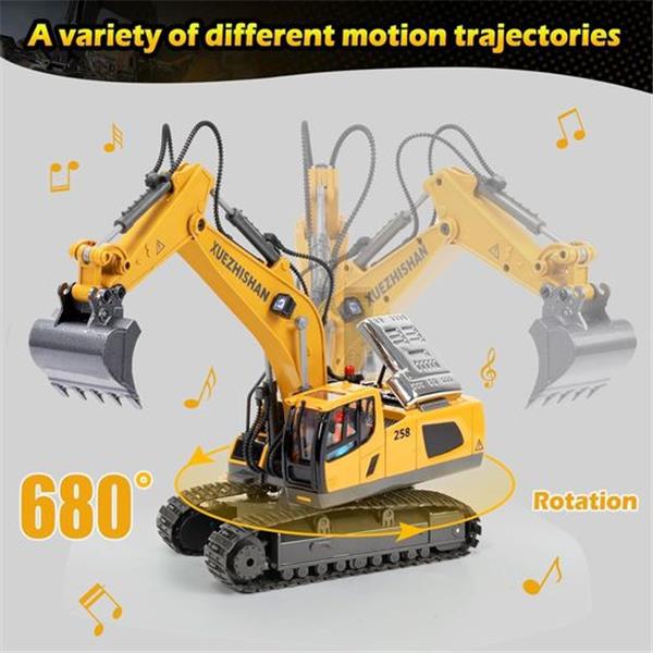 Remote Control Excavator Toys for Boys Turns 680-degree 2 Batteries Metal Shovel Lights/Sounds