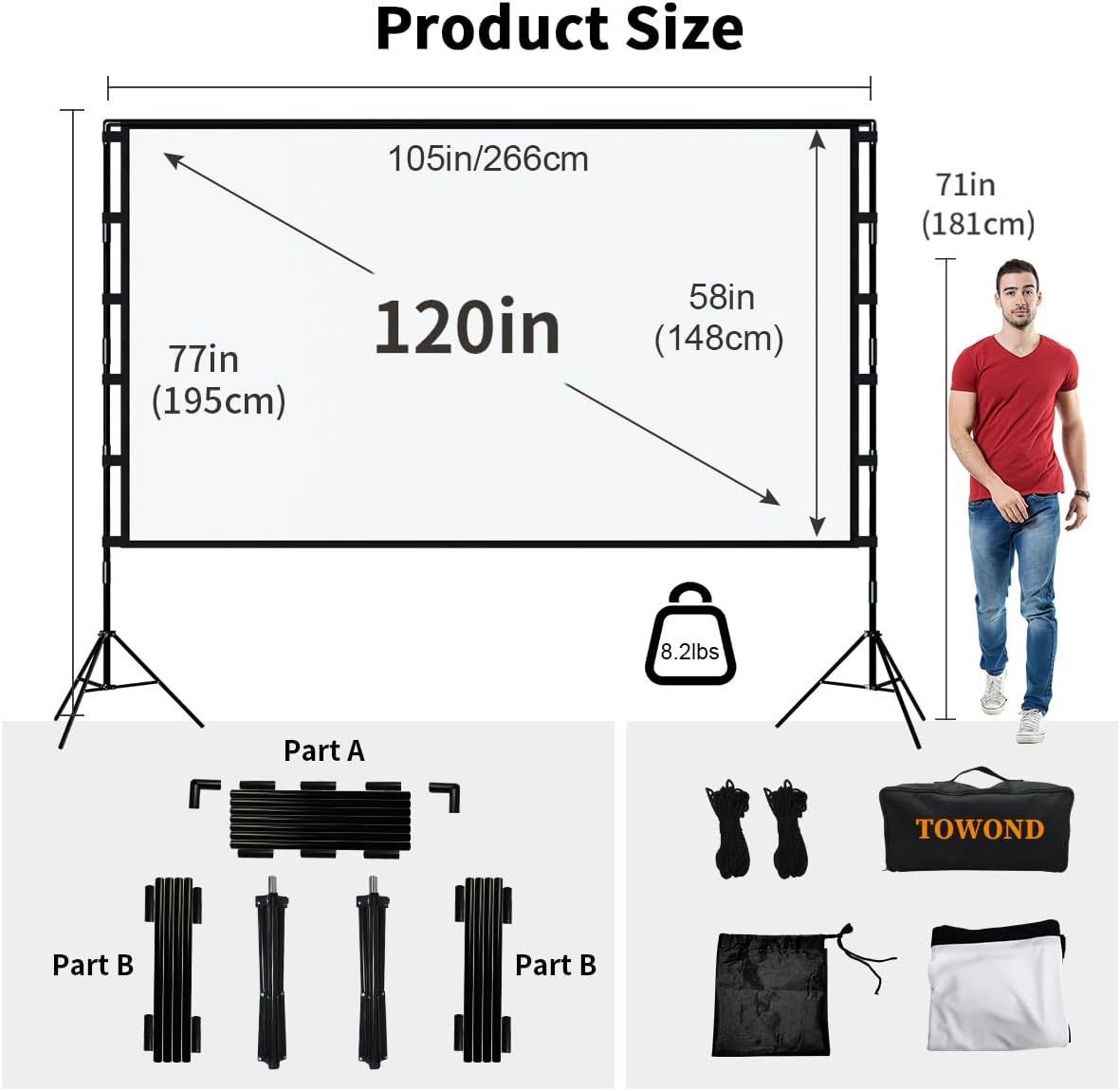 Projector Screen and Stand, Towond 120 inch Portable Projector Screen Indoor Outdoor Projector Screen 16:9 4K HD Wrinkle-Free Lightweight Movie Screen with Carry Bag for Backyard Movie Night