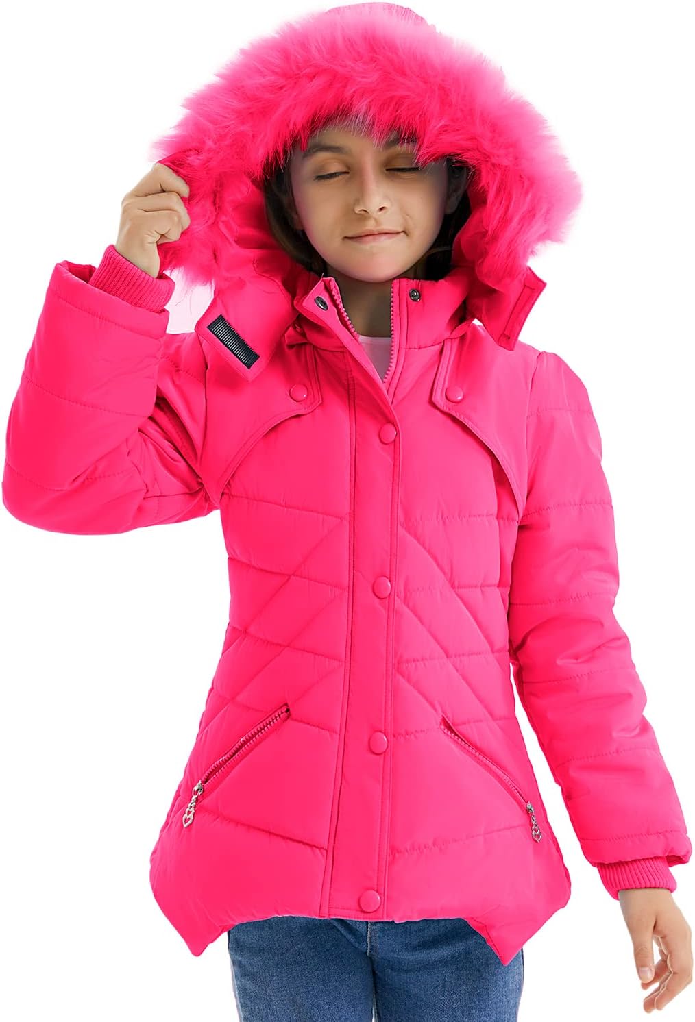 FARVALUE Girls' Winter Coats Fur Hooded Warm Puffer Jacket Coat for Girls (13-14 years)