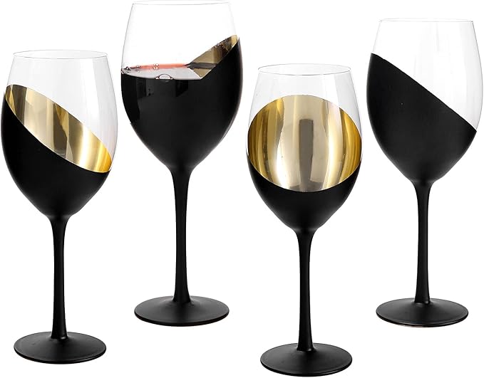 MyGift 14 oz Modern Matte Black & Gold Stemmed Titled Design Elegant Wine Glasses, Set of 6